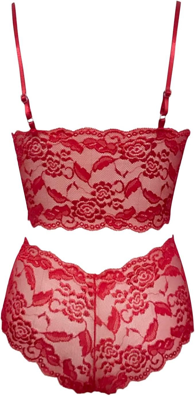 Sexy Lace Floral 2 Piece Set - Red