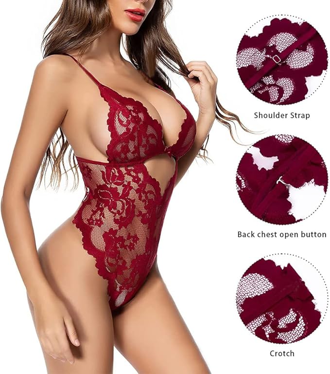Floral Teddy Bodysuit Lingerie - Wine