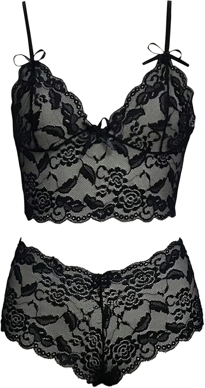 Sexy Lace Floral 2 Piece Set - Black