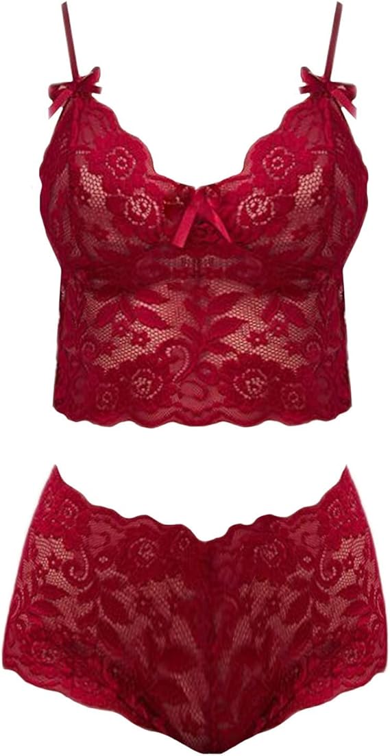 Sexy Lace Floral 2 Piece Set - Red