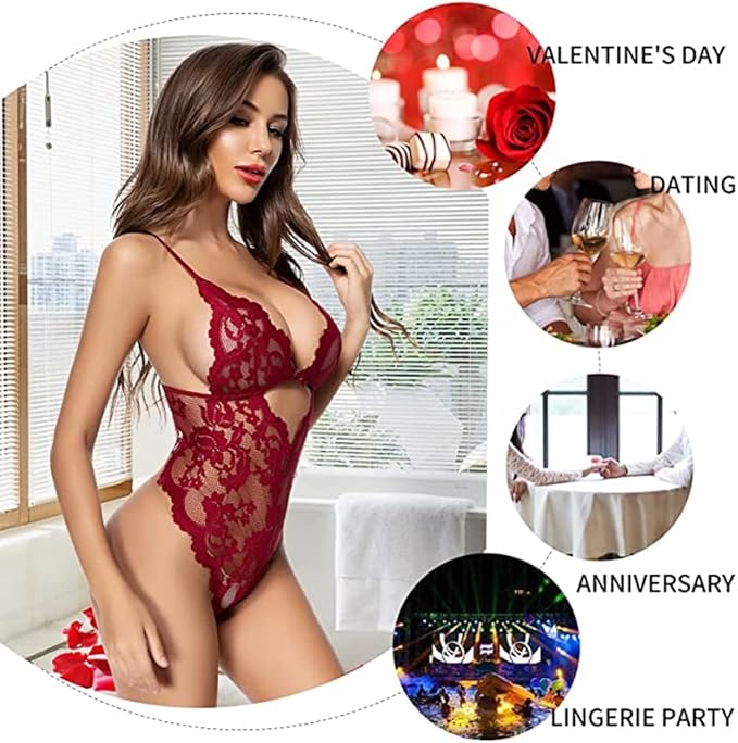 Floral Teddy Bodysuit Lingerie - Wine