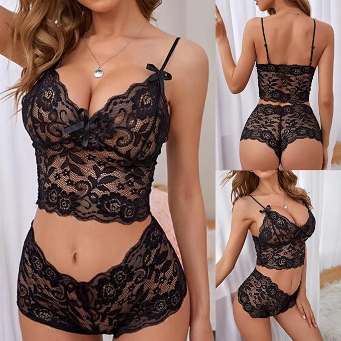 Sexy Lace Floral 2 Piece Set - Black