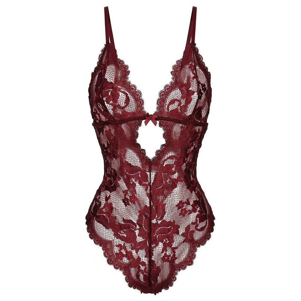 Floral Teddy Bodysuit Lingerie - Wine